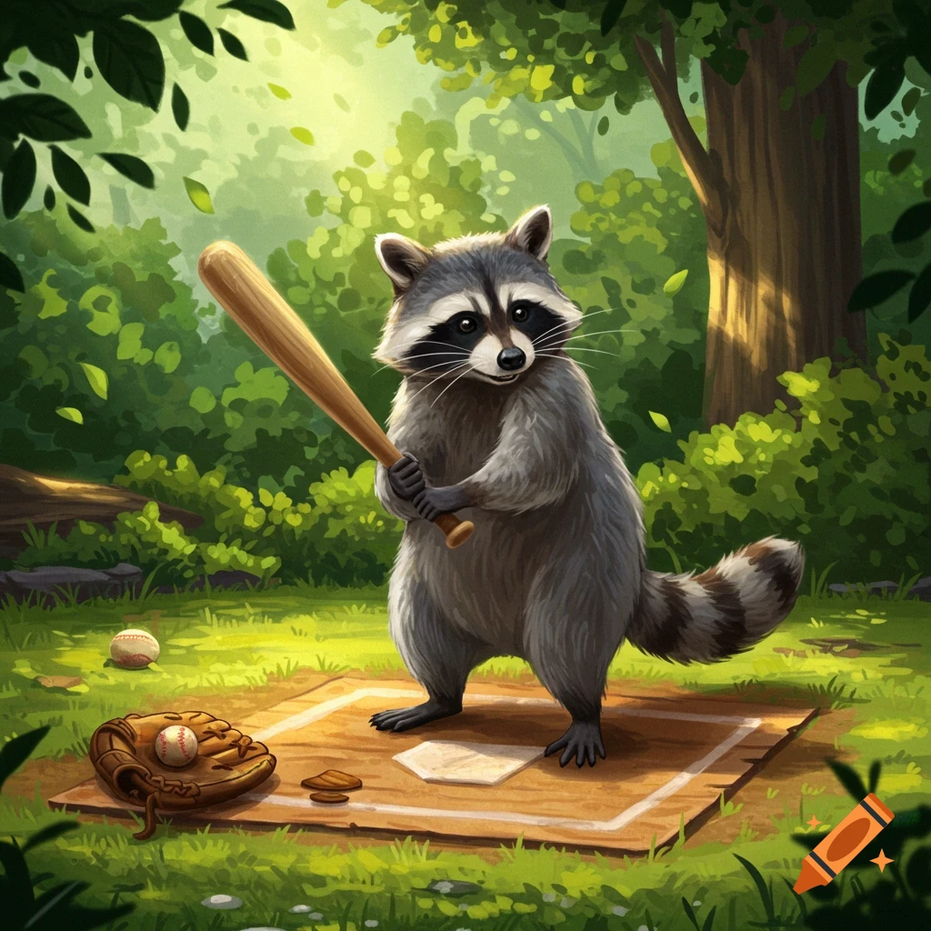 An illustrated raccoon stands on a baseball field in a lush forest, holding a bat with a glove and ball nearby.
