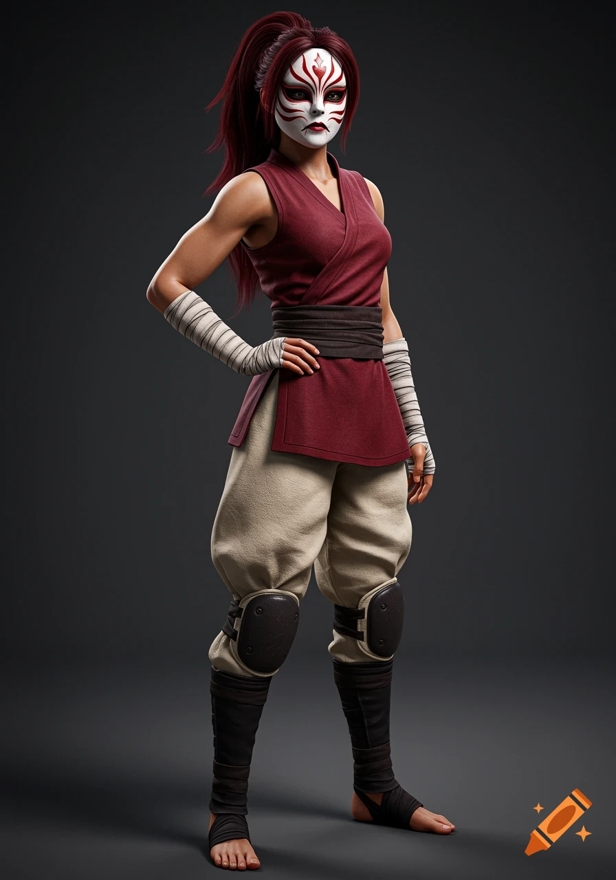 Highly realistic female warrior with dark red hair, white mask with red and black markings, crimson martial arts tunic, and cream pants, standing against a gray background.