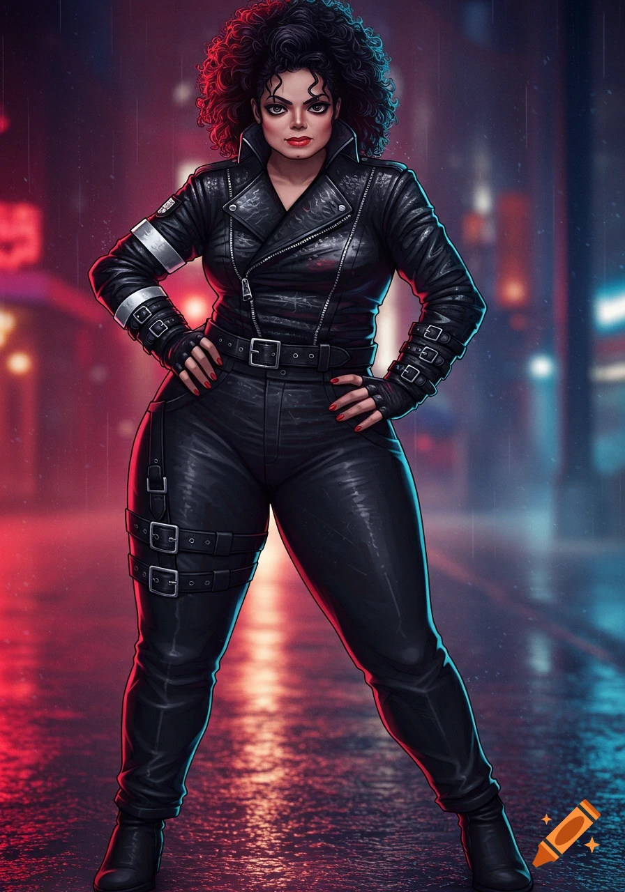 A confident, plus-sized anime woman in a black leather Michael Jackson 'Bad' outfit, standing dynamically in a rainy urban street with neon reflections.