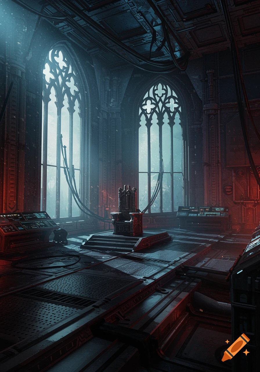 A dramatic, dark sci-fi chamber with large gothic windows, industrial details, and a central throne illuminated by blue and red light.