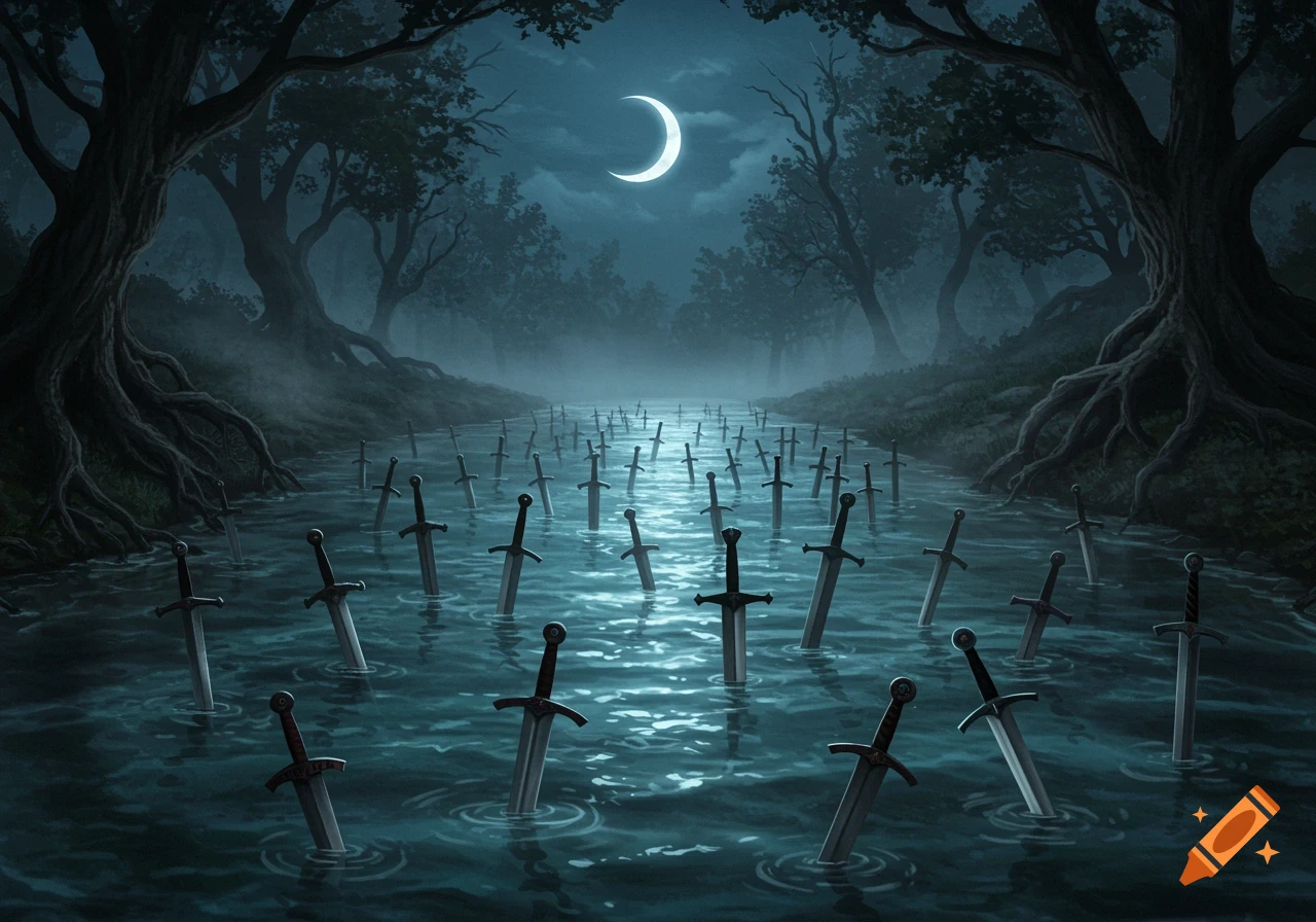 A dark river scene with numerous swords protruding from the water under a crescent moon, surrounded by silhouetted trees.