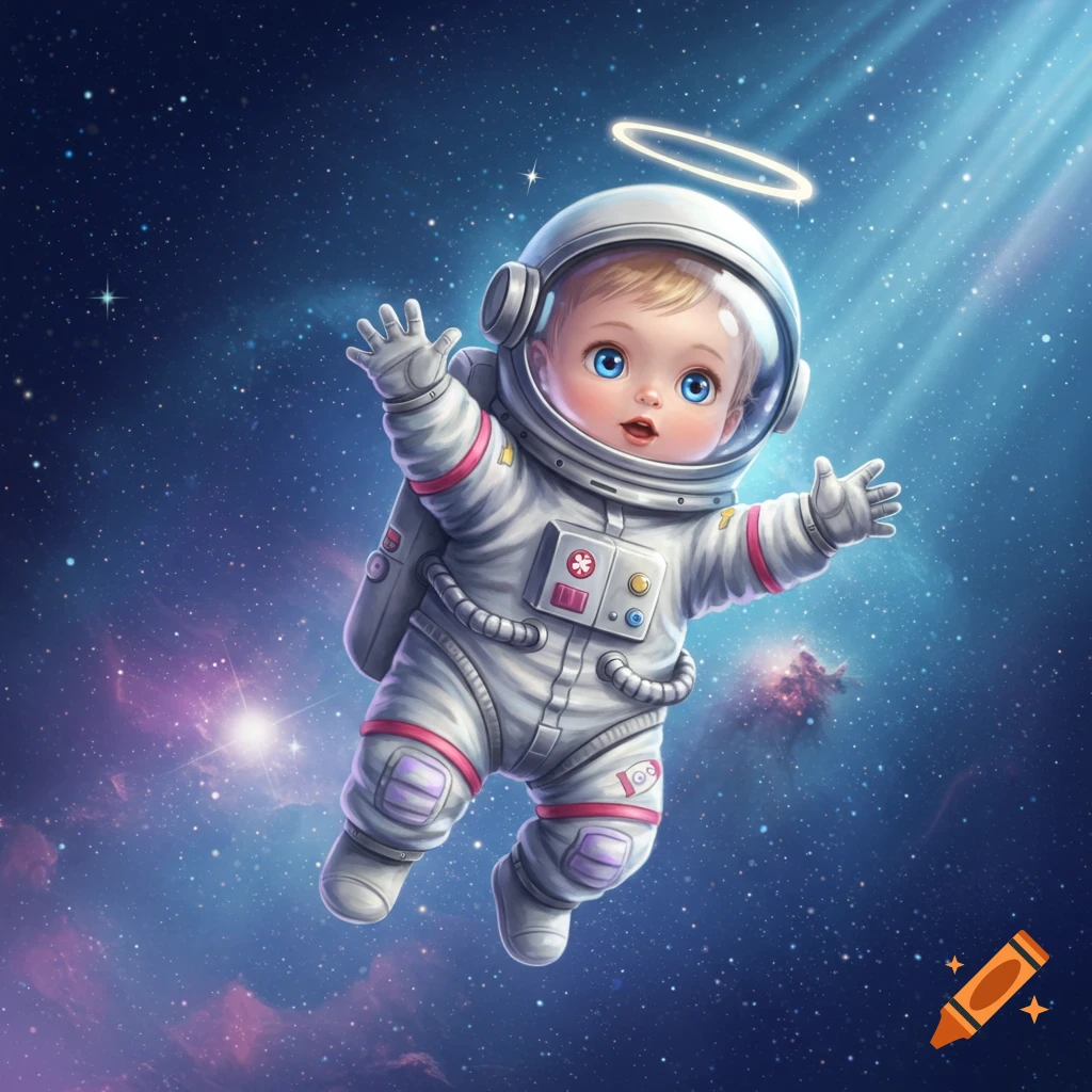 A cute baby astronaut with a halo floats in the starry expanse of space, bathed in celestial light.