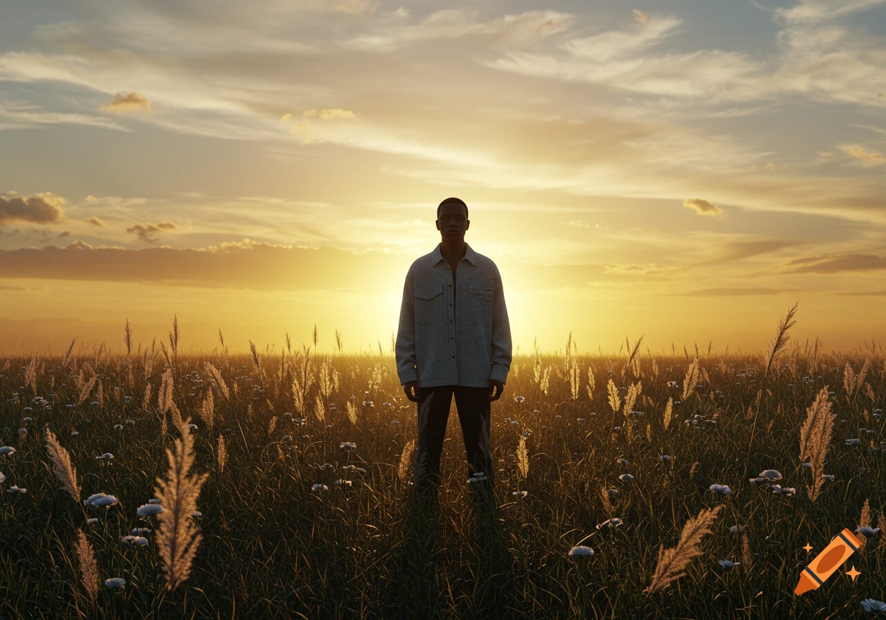 A person stands silhouetted in a field of tall grass and white flowers at sunset, with a warm golden sky.
