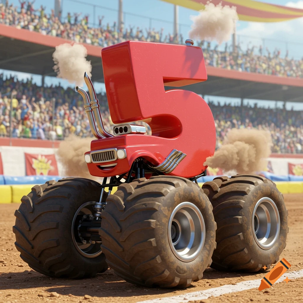 A cartoon red number 5, designed like a monster truck character, with large wheels and smoke from exhaust pipes, at a monster truck rally.