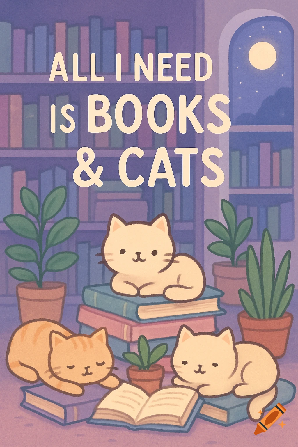 Kawaii-style illustration of cute cats lounging on books and plants in a cozy room with bookshelves, under moonlit window. Text: All I Need is Books & Cats.