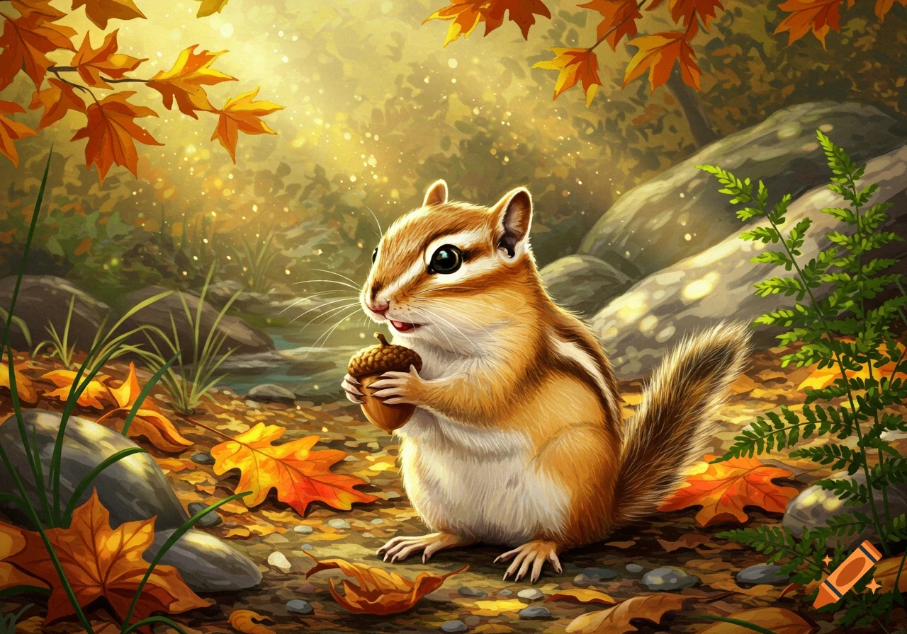 A cute chipmunk holding an acorn sits among colorful autumn leaves in a sunlit forest, illustrated.