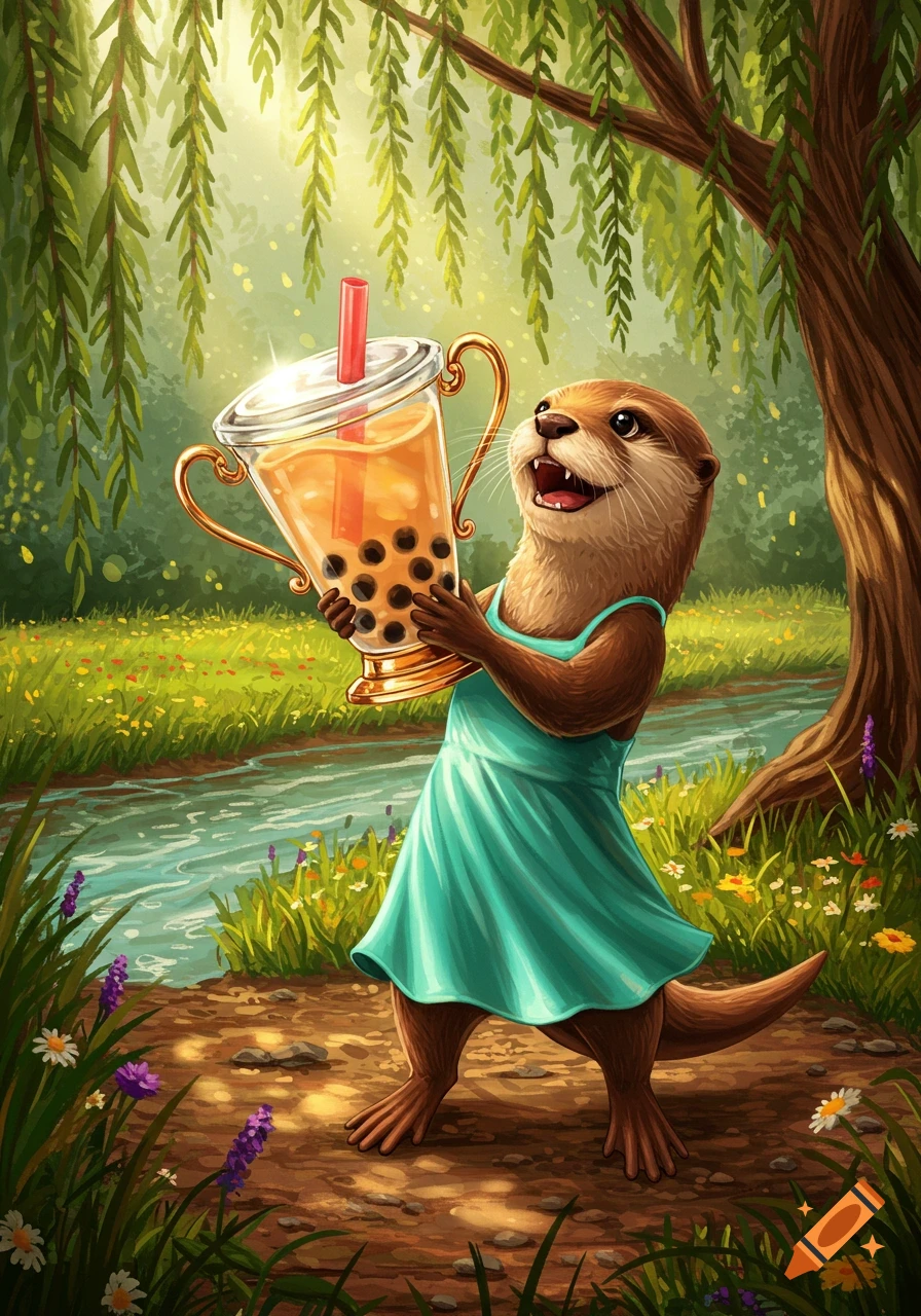 A cute otter in a teal dress holds a bubble tea trophy, standing on a path by a stream under willow trees in a sunny, illustrated scene.