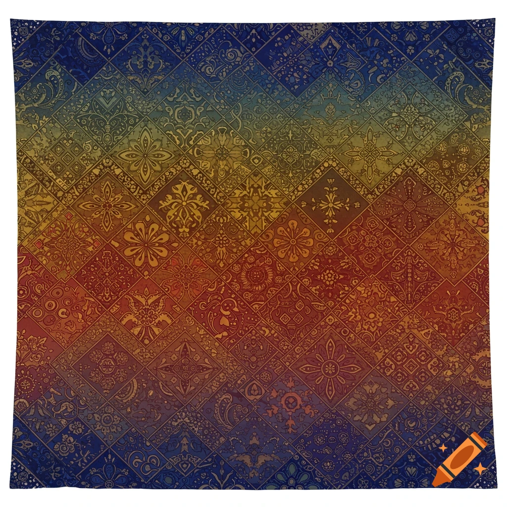 A colorful gradient pattern from blue to yellow to red, featuring intricate geometric and floral motifs arranged in a diamond grid.