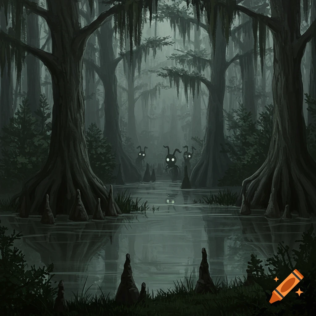 A dark, misty swamp with large trees, murky water, and shadowy creatures with glowing eyes looming from the background.