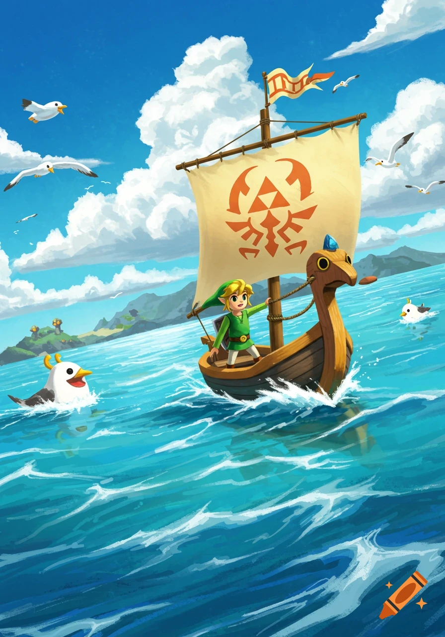 Cartoon Link sails the ocean in his boat with a bird head, accompanied by seagulls, in a bright, adventurous scene.