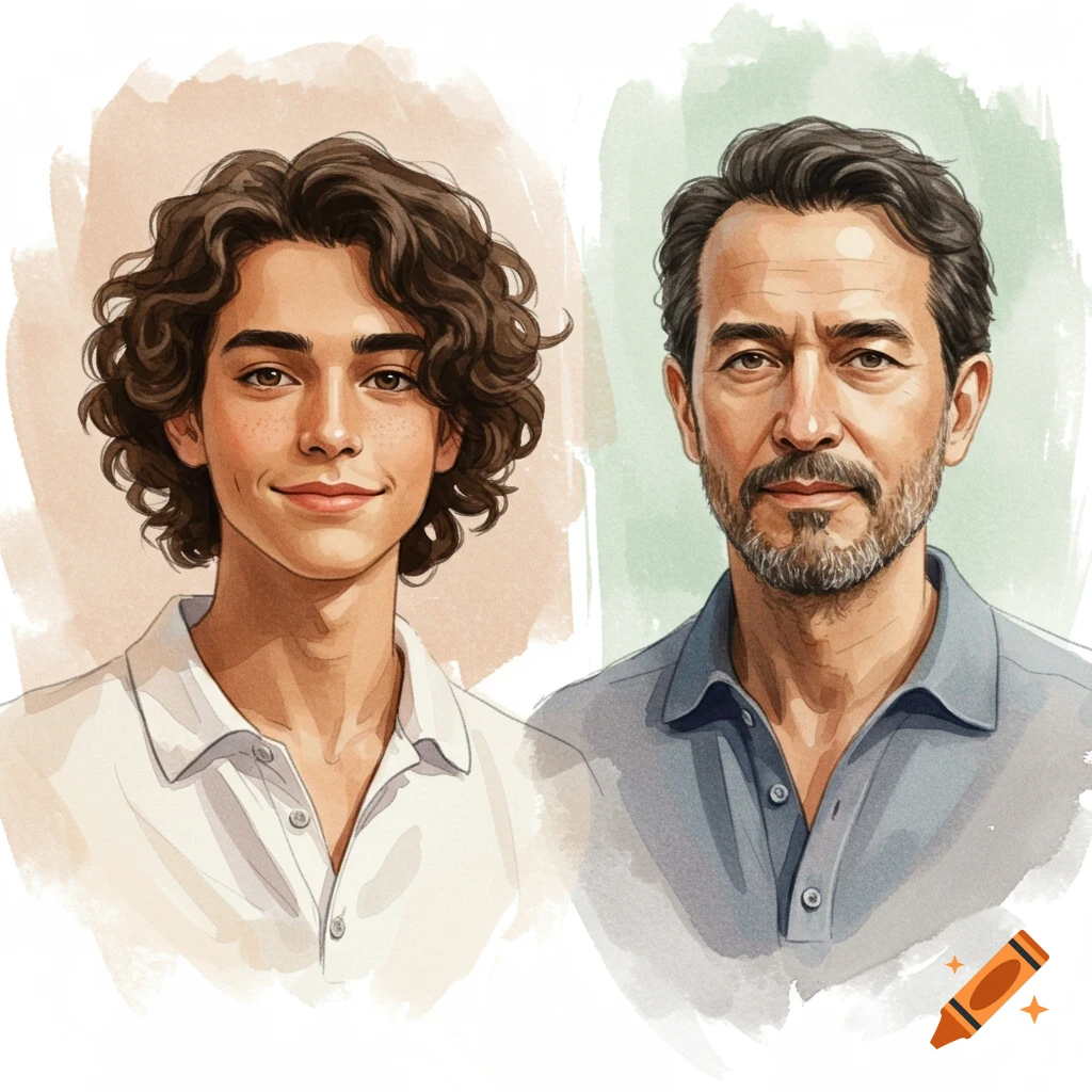 Watercolor portraits of a smiling young man with curly hair and a bearded middle-aged man.