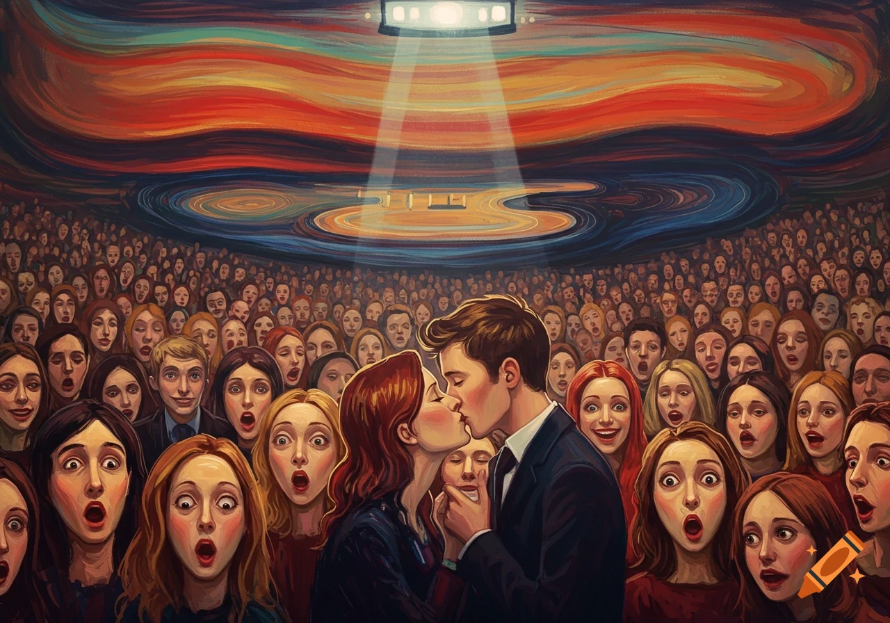 A couple kisses under a spotlight in an Edvard Munch-inspired painting, surrounded by a large crowd of people with shocked expressions.
