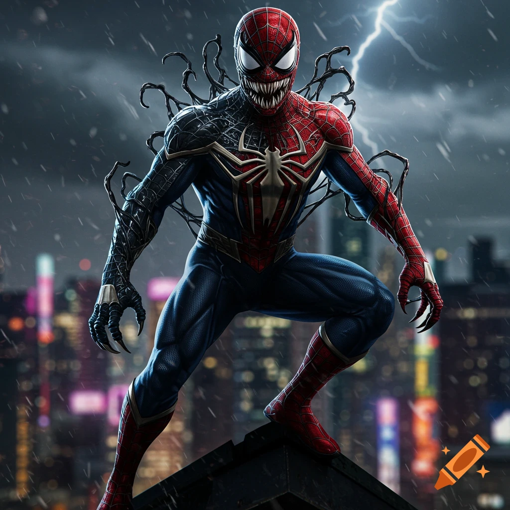 A Spider-Man and Venom/Anti-Venom hybrid character crouches on a rooftop at night with a stormy sky and city lights.