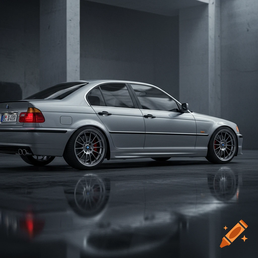 A silver BMW E46 sedan with custom BBS LM-style wheels parked in a dimly lit concrete garage with a wet, reflective floor.