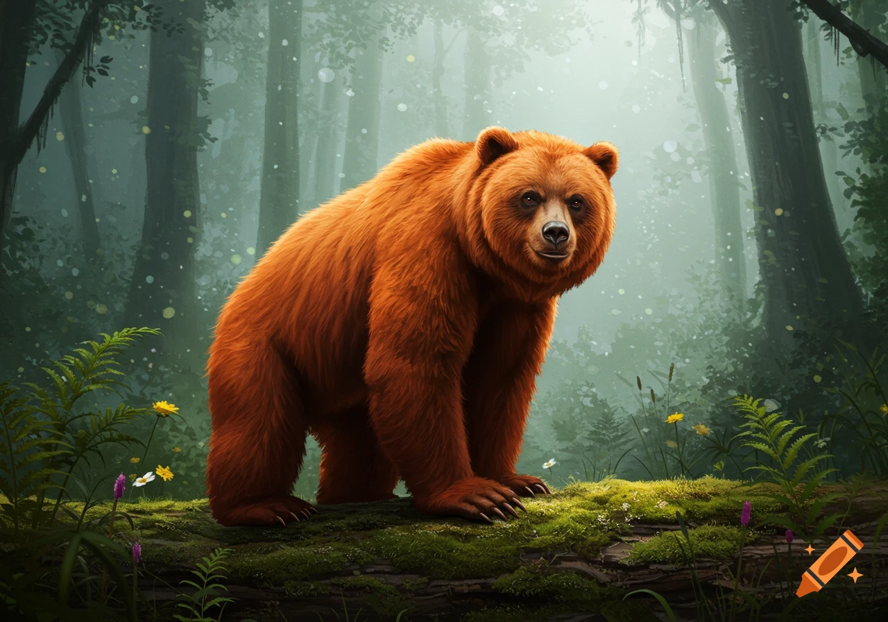A large brown bear stands on a mossy log in a lush, misty forest, depicted in a digital painting style.