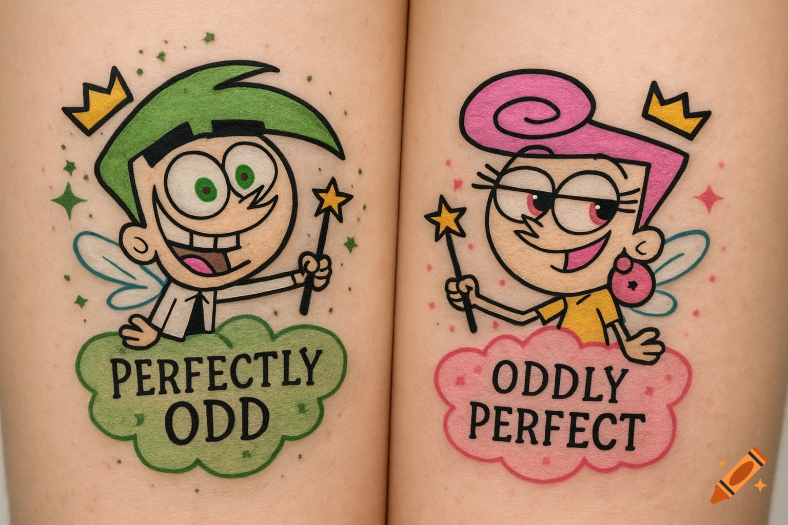Two matching tattoos of cartoon characters Cosmo and Wanda with their wands and crowns, on skin, with text 'Perfectly Odd' and 'Oddly Perfect' on colorful clouds.