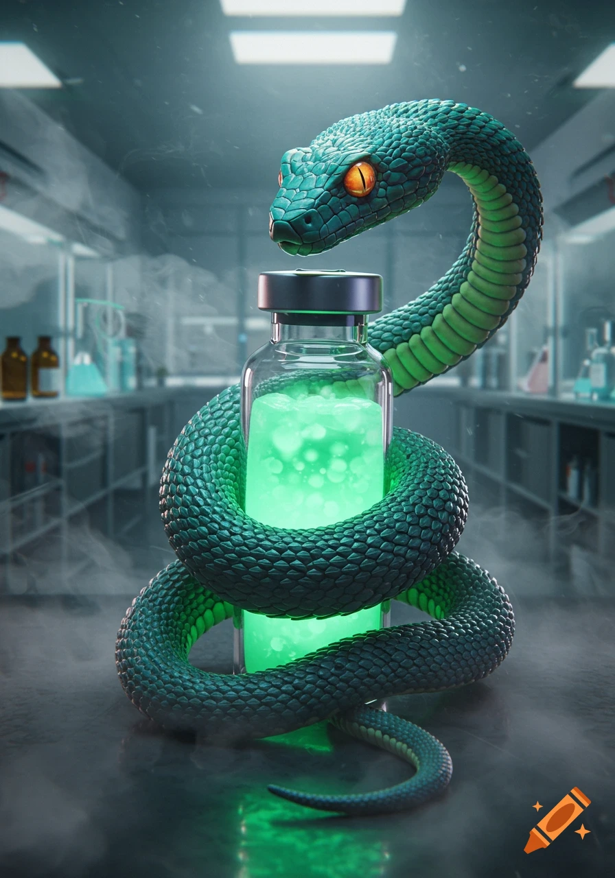 A vibrant green snake with orange eyes wrapped around a glowing green vial in a smoky, futuristic laboratory.