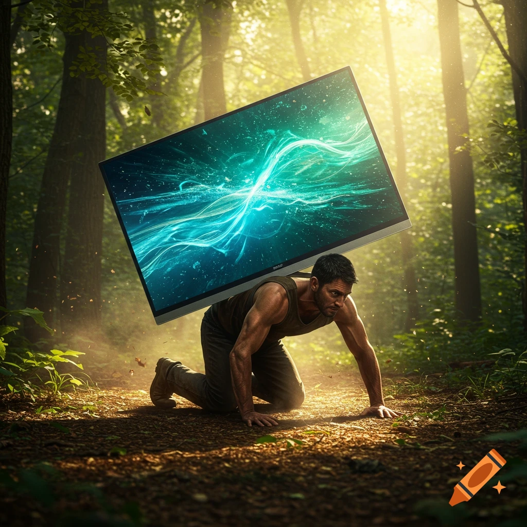 Man on all fours with a large flat-screen television on his back in a sunlit forest, photorealistic style.