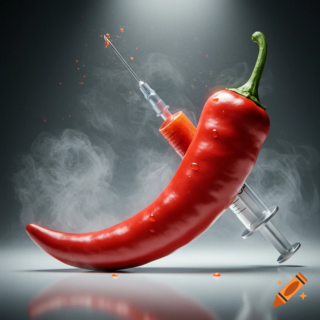 A vibrant red chili pepper with a syringe injecting an orange liquid, set against a smoky dark background.
