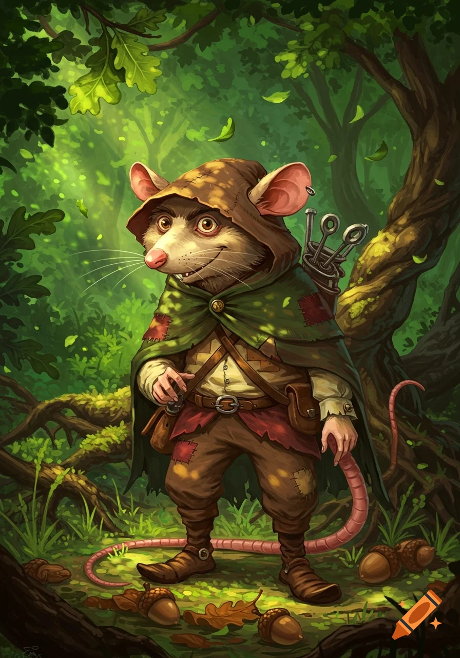 An anthropomorphic rat character in a hooded green cloak and patched brown clothes stands in a vibrant forest with fallen acorns, in a fantasy illustration style.