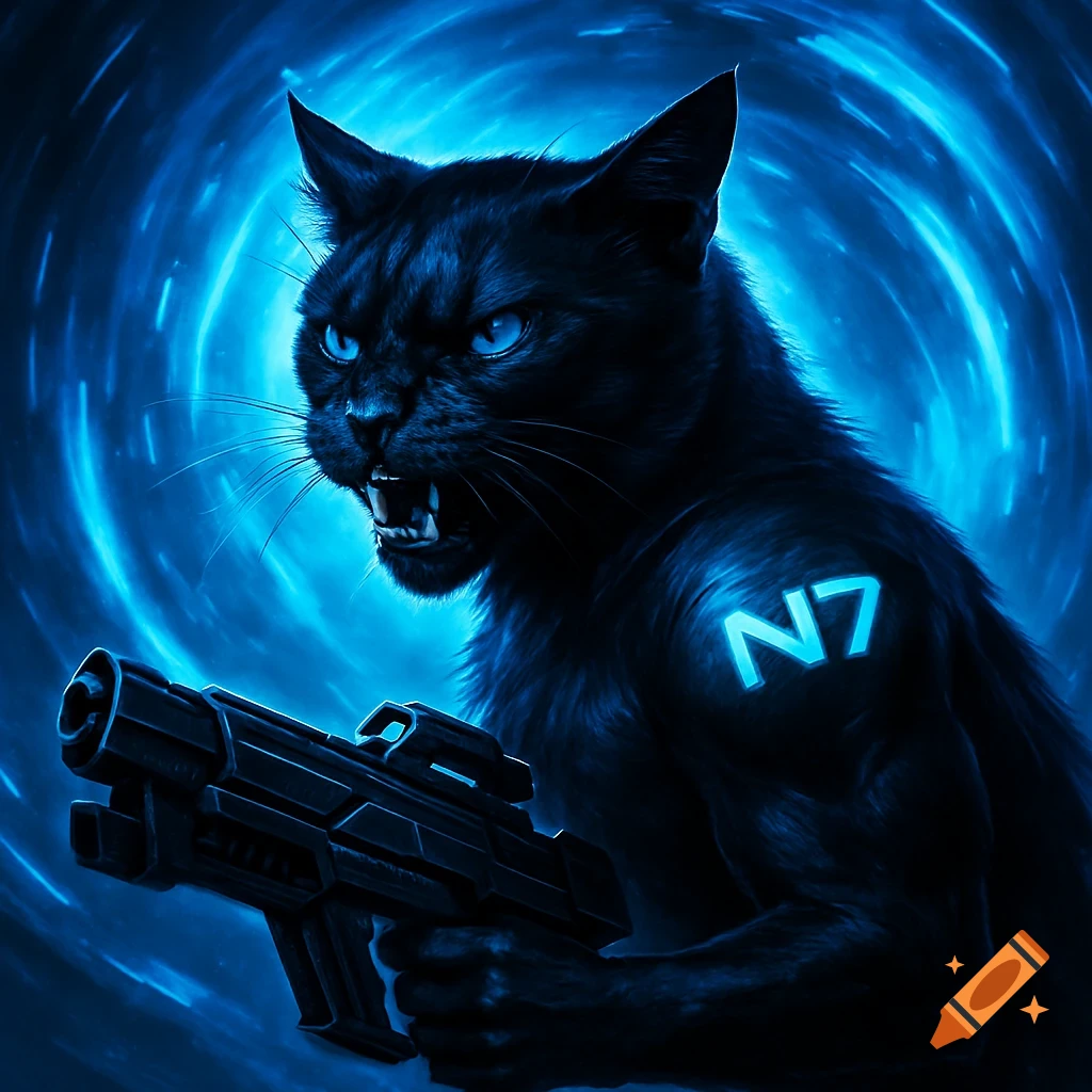 A fierce black cat with glowing blue eyes and bared fangs holds a futuristic gun, with a glowing N7 symbol on its shoulder, against a blue swirling background.
