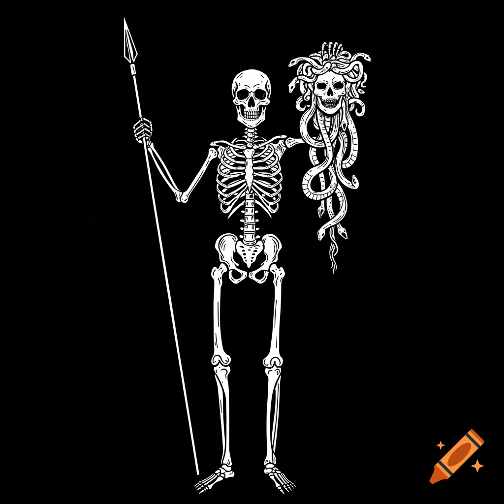 Black and white illustration of a skeleton warrior holding a spear and the severed head of Medusa.