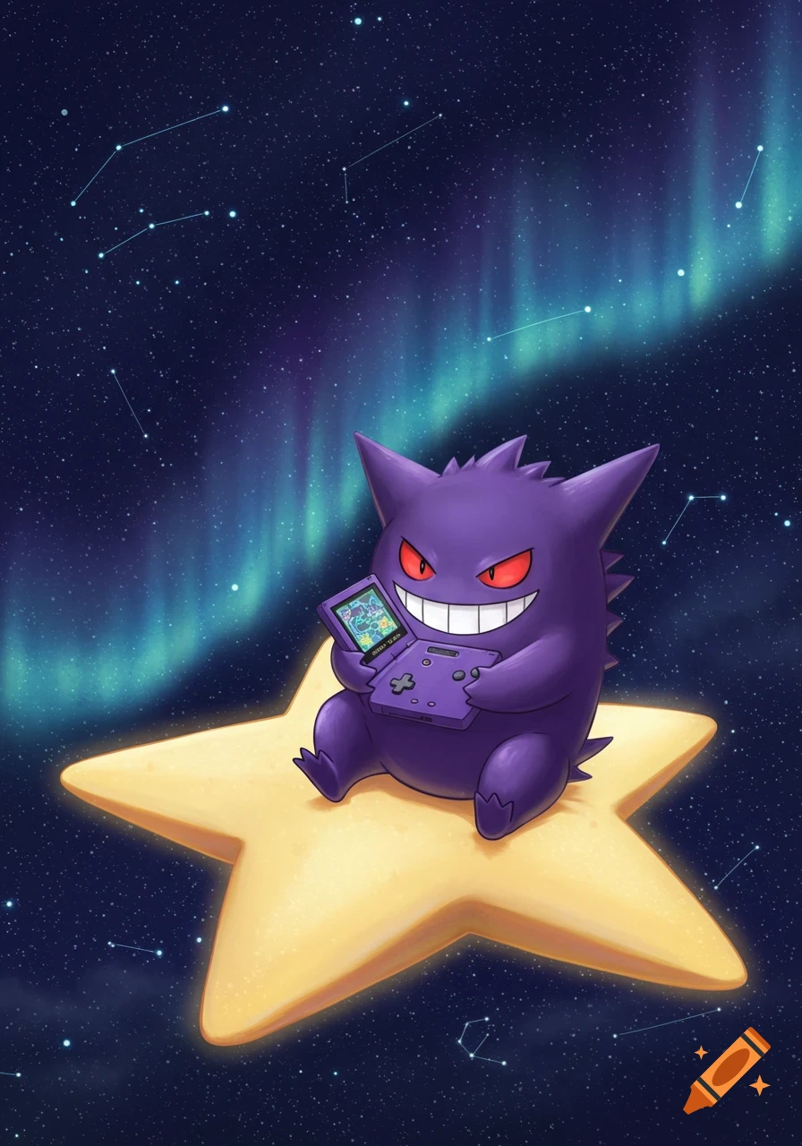A purple Gengar sits on a glowing yellow star, playing a purple Game Boy against a starry sky with an aurora.