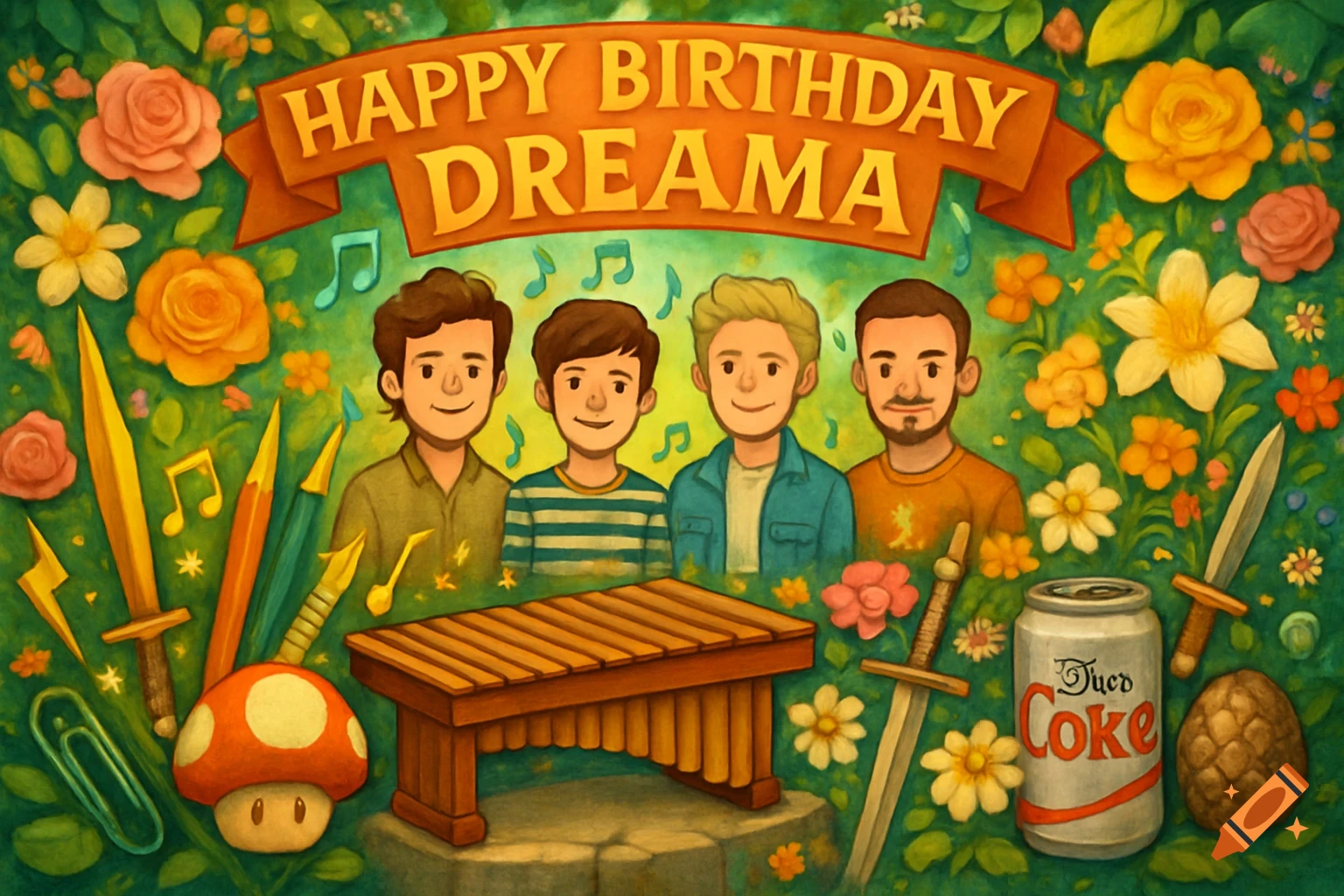 A colorful, whimsical illustration for a birthday with a banner reading "Happy Birthday Dreama" above four cartoon men. Surrounding them are various items including flowers, musical notes, swords, school supplies, a Super Mario mushroom, a marimba, and a soda can.