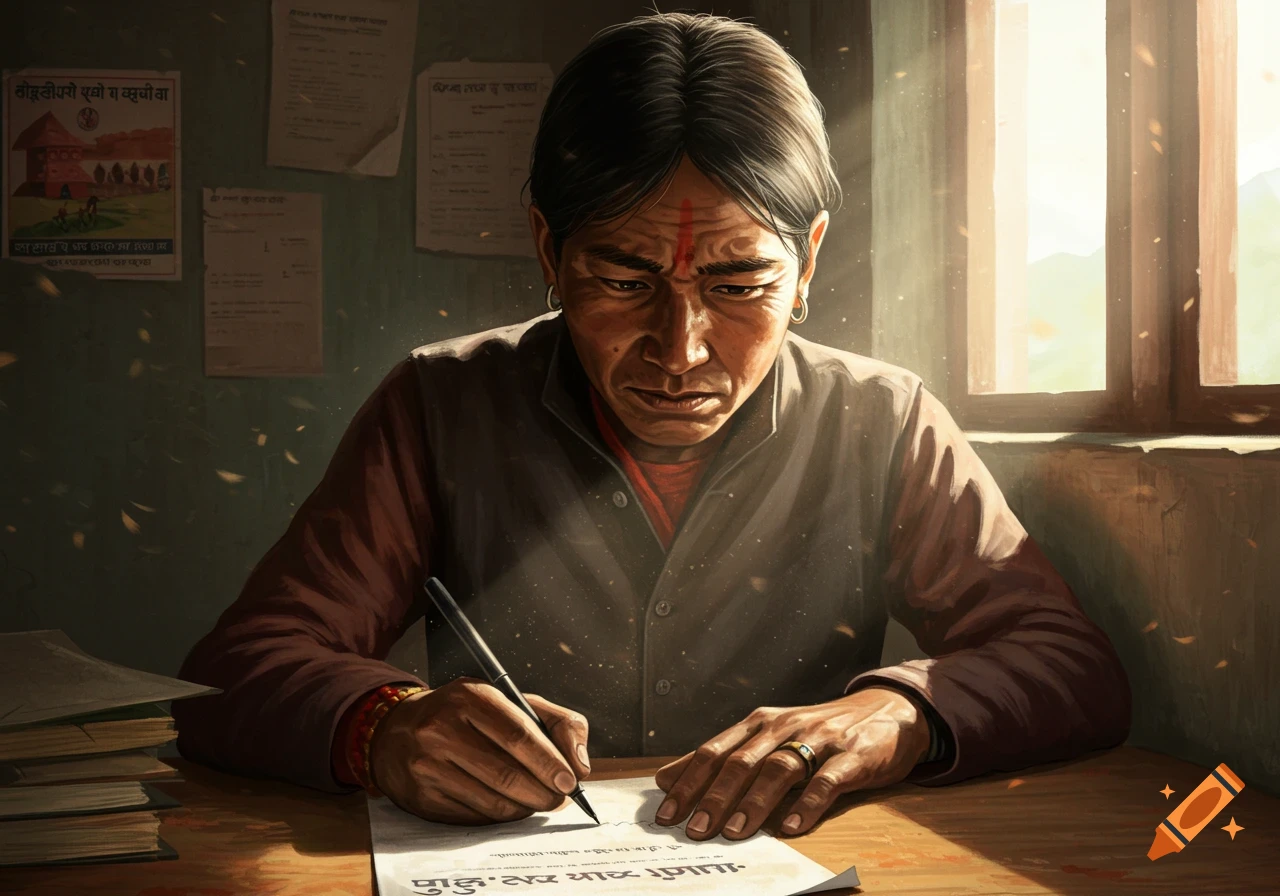 A person with dark hair and a red mark on their forehead sits at a wooden desk, focused on writing on a document with a pen. Posters with illegible text are on the wall.
