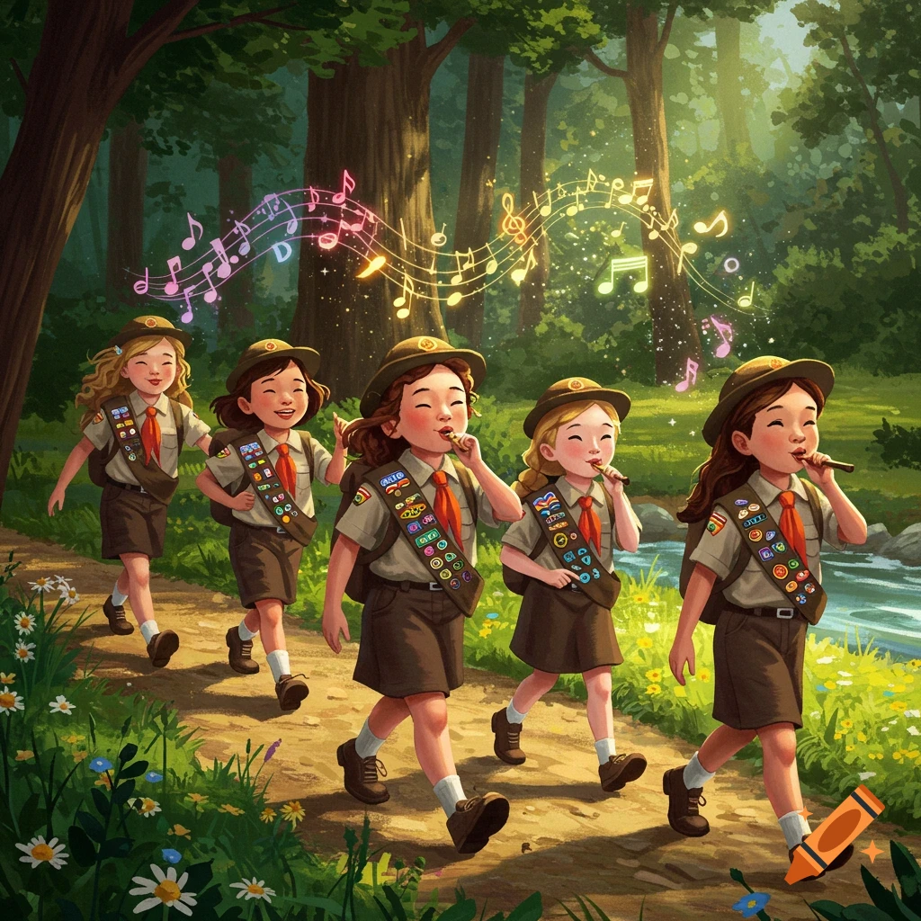 Five Girl Scouts in uniforms are hiking on a forest path, whistling as colorful musical notes float above them in an illustration.