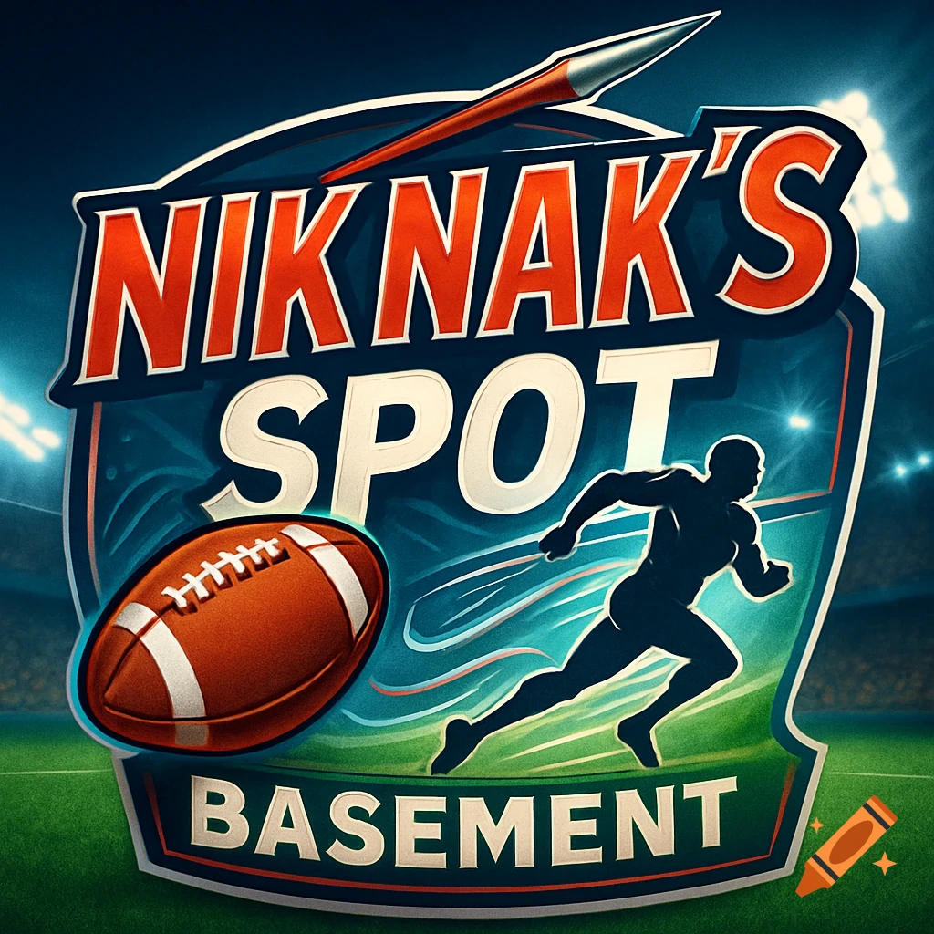 A sports-themed logo sign for Nik Nak's Spot with a football, a running athlete silhouette, and a javelin.