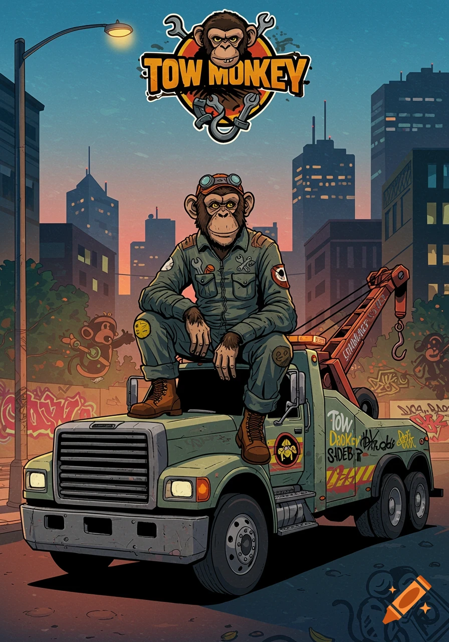 A cartoon monkey wearing a mechanic's uniform and goggles sits atop a green tow truck on a city street at sunset. The company logo "TOW MONKEY" is above.