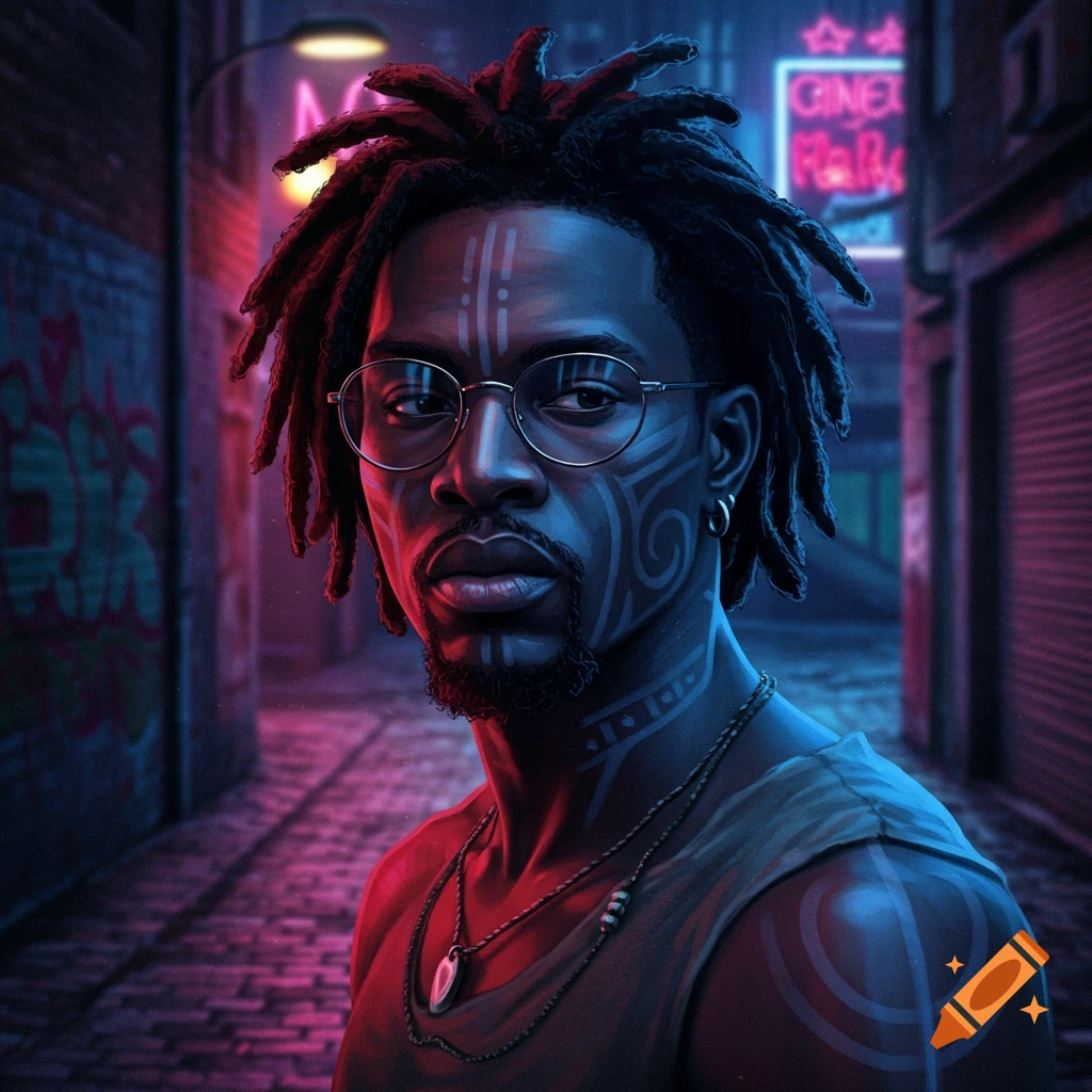 A man with dreadlocks, glasses, and tribal facial markings stands in a neon-lit urban alleyway, looking forward. Digital art.
