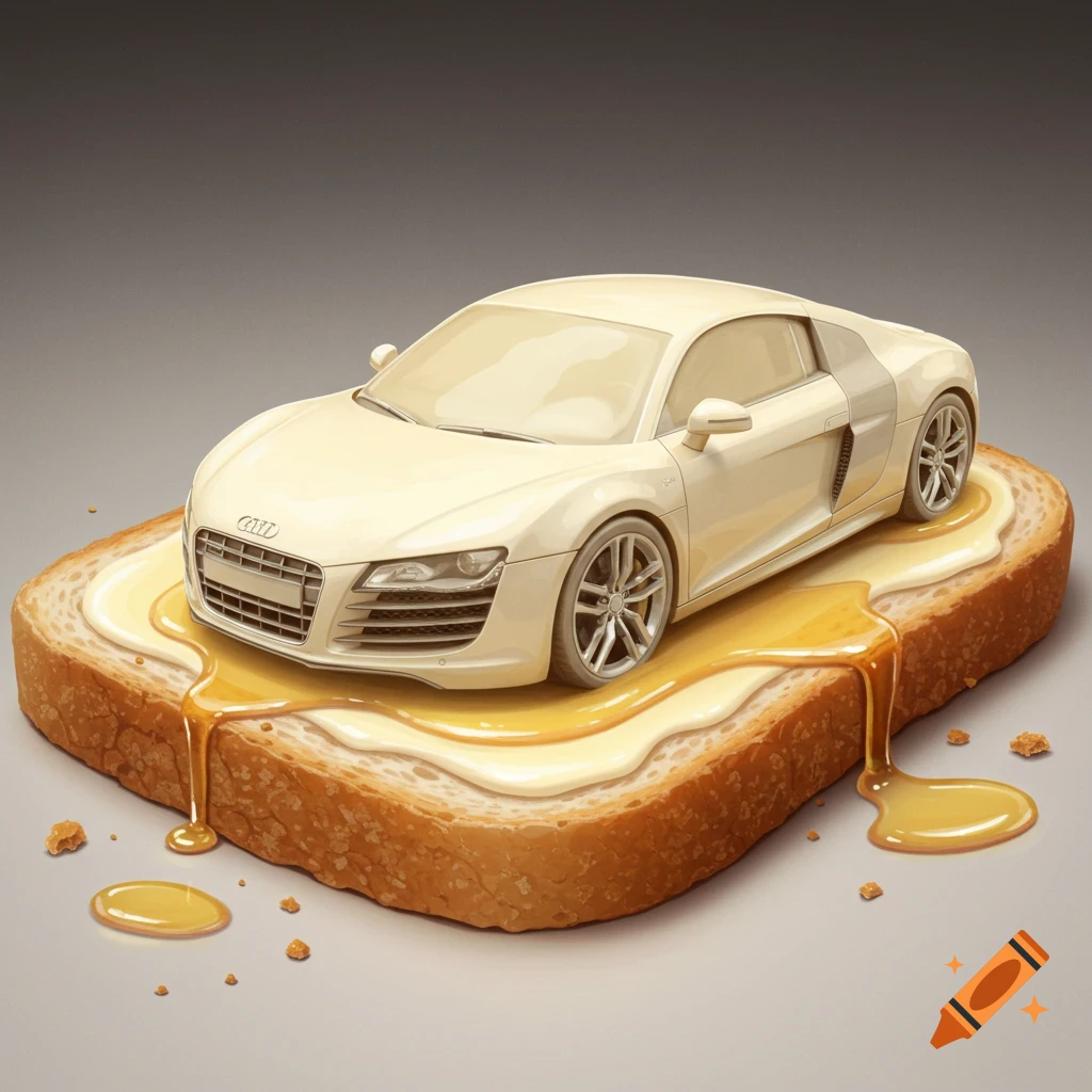 A white Audi R8 sports car made of cream or butter sits on a slice of toast with honey drizzled over it in a surreal style.