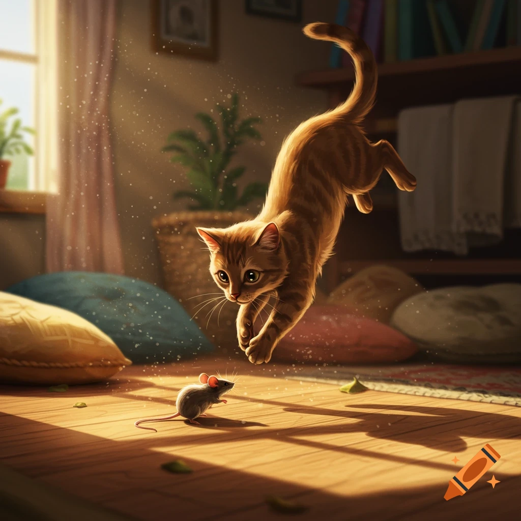 A cute ginger cat jumps playfully over a small mouse on a sunlit wooden floor in a cozy room, in a stylized illustration.