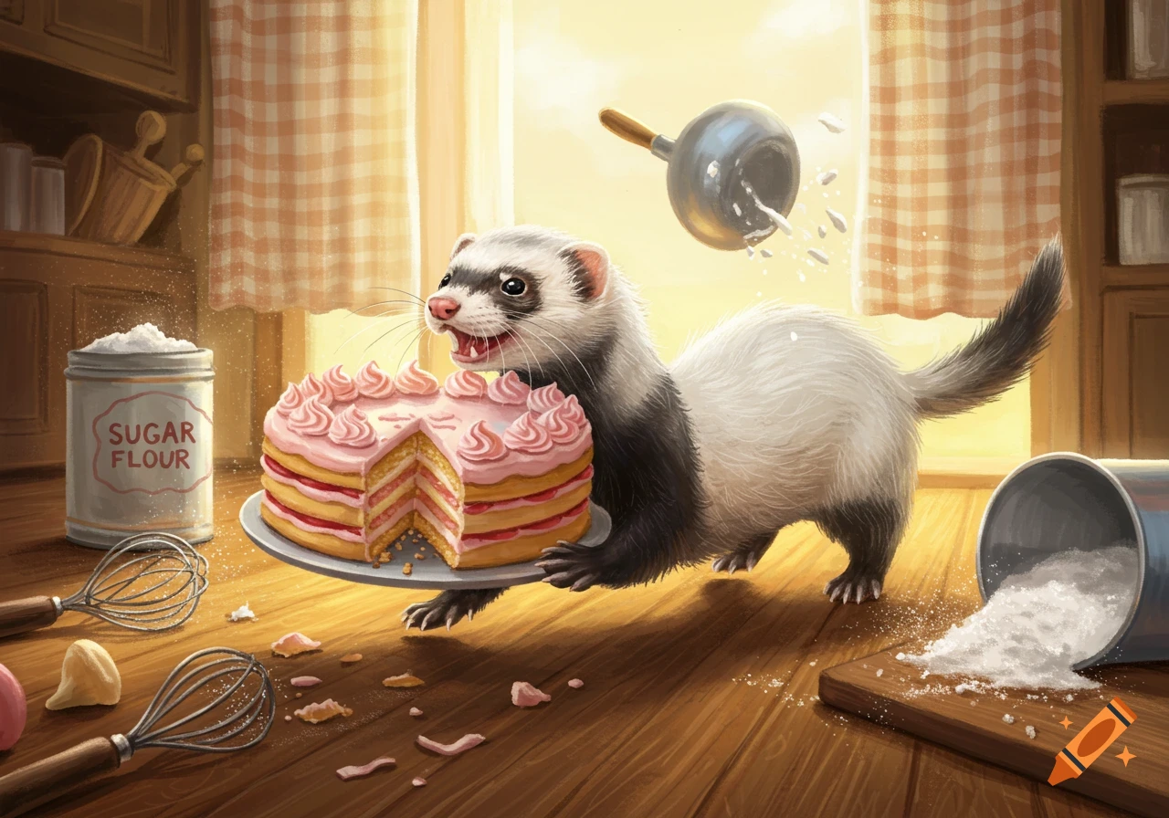 A mischievous ferret holds a partially eaten pink frosted cake, surrounded by spilled sugar and flour in a sunny kitchen, illustrated.