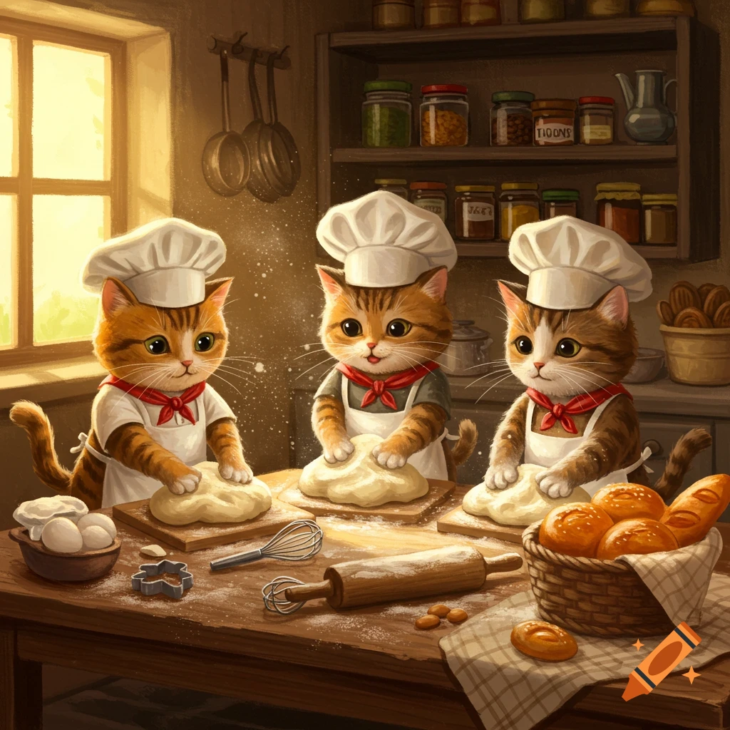 Three cute cats dressed as chefs knead dough on a wooden table in a rustic kitchen.