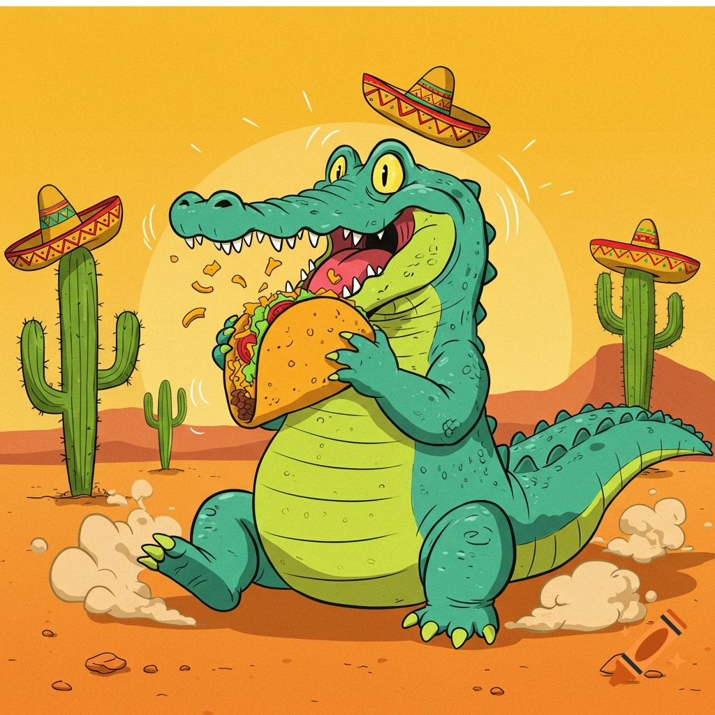 Cartoon alligator enthusiastically eating a large taco in a desert landscape with cacti and floating sombreros.