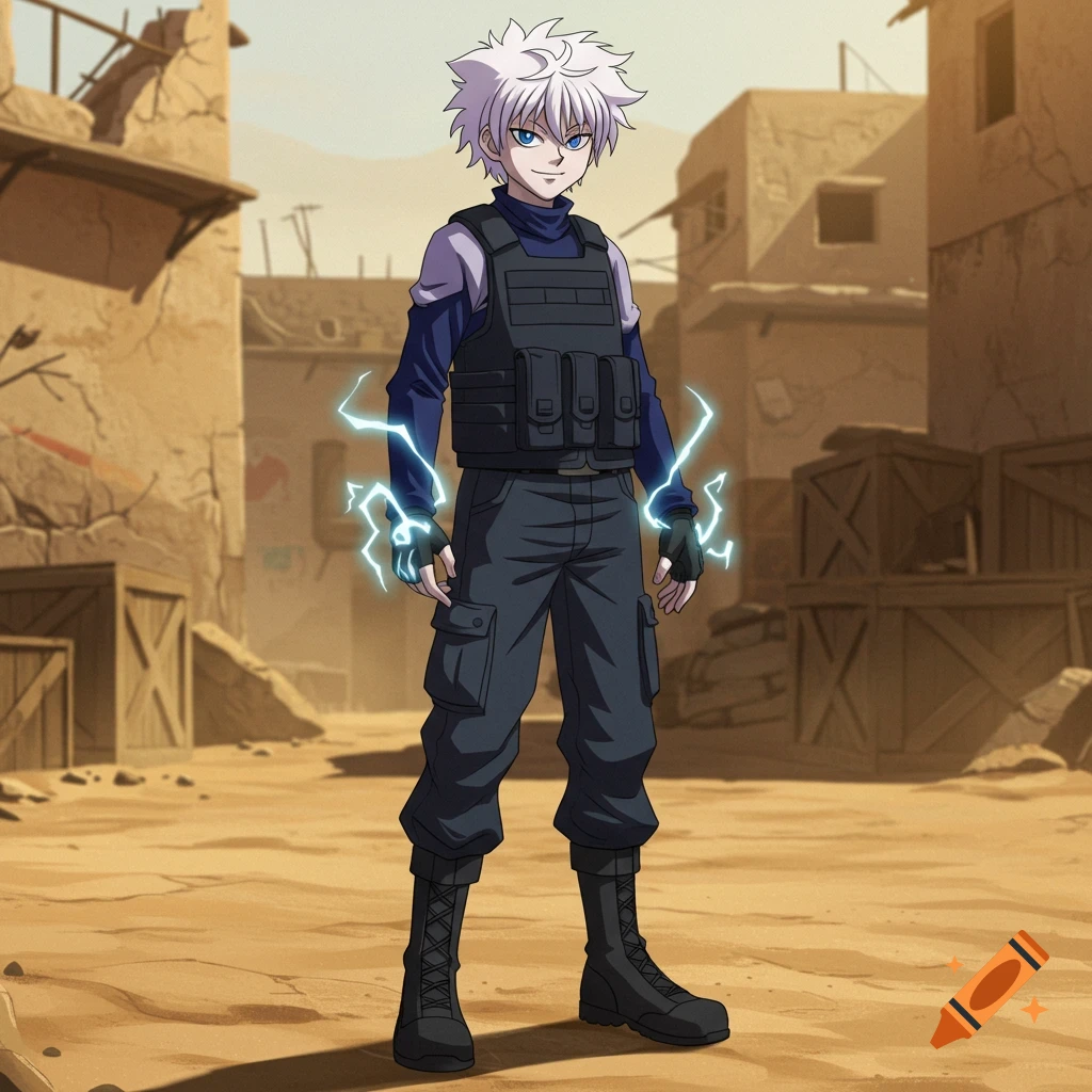 Killua from Hunter x Hunter, dressed in tactical gear, generates blue lightning in a desert CS2 Dust 2 map.