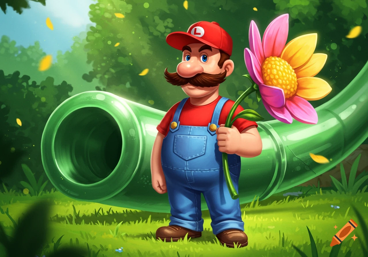 A cartoon man resembling Mario with a red hat and overalls holds a pink and yellow flower, standing in front of a green pipe in a lush forest.