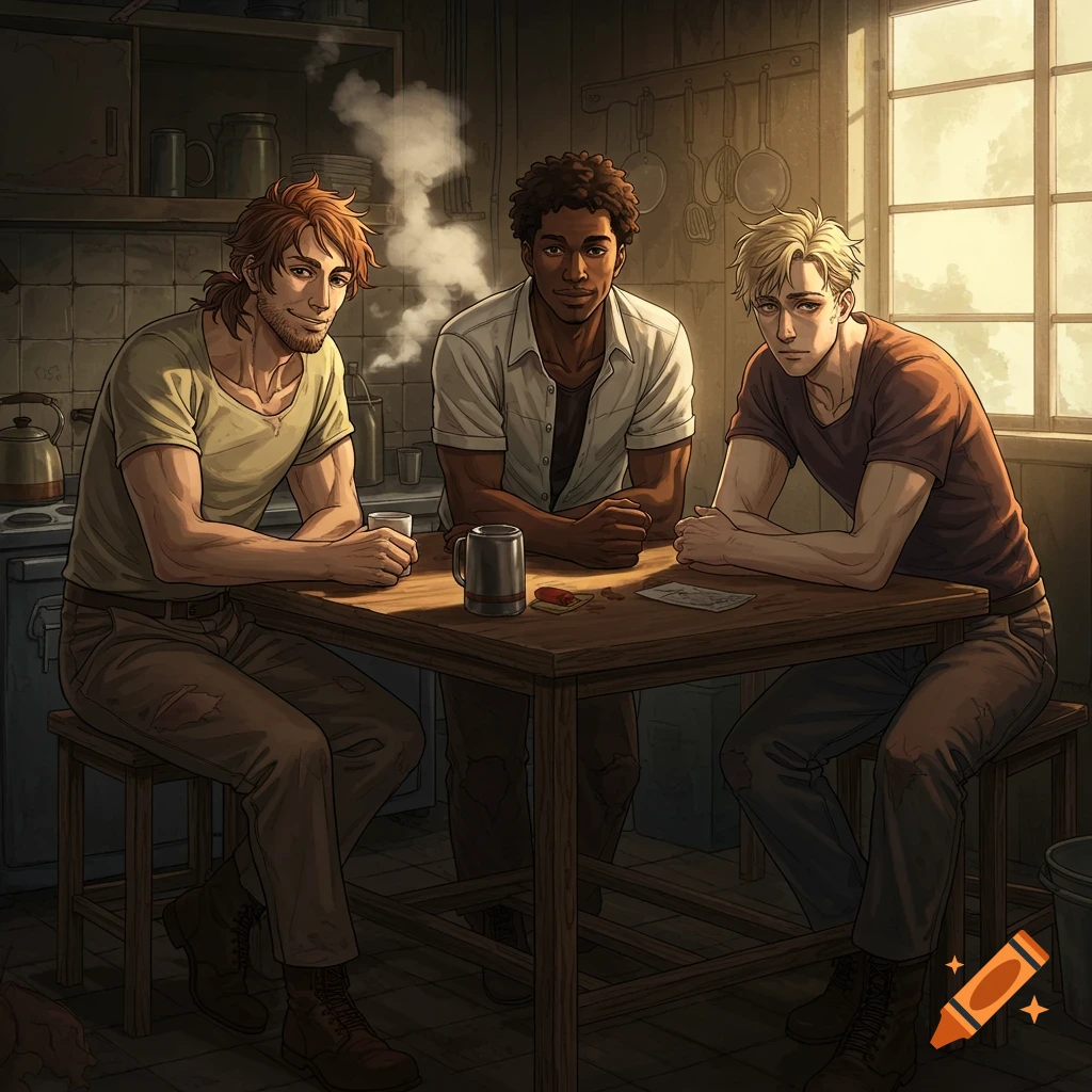 Anime illustration of three men at a wooden table in a dimly lit kitchen with sunlight streaming in.