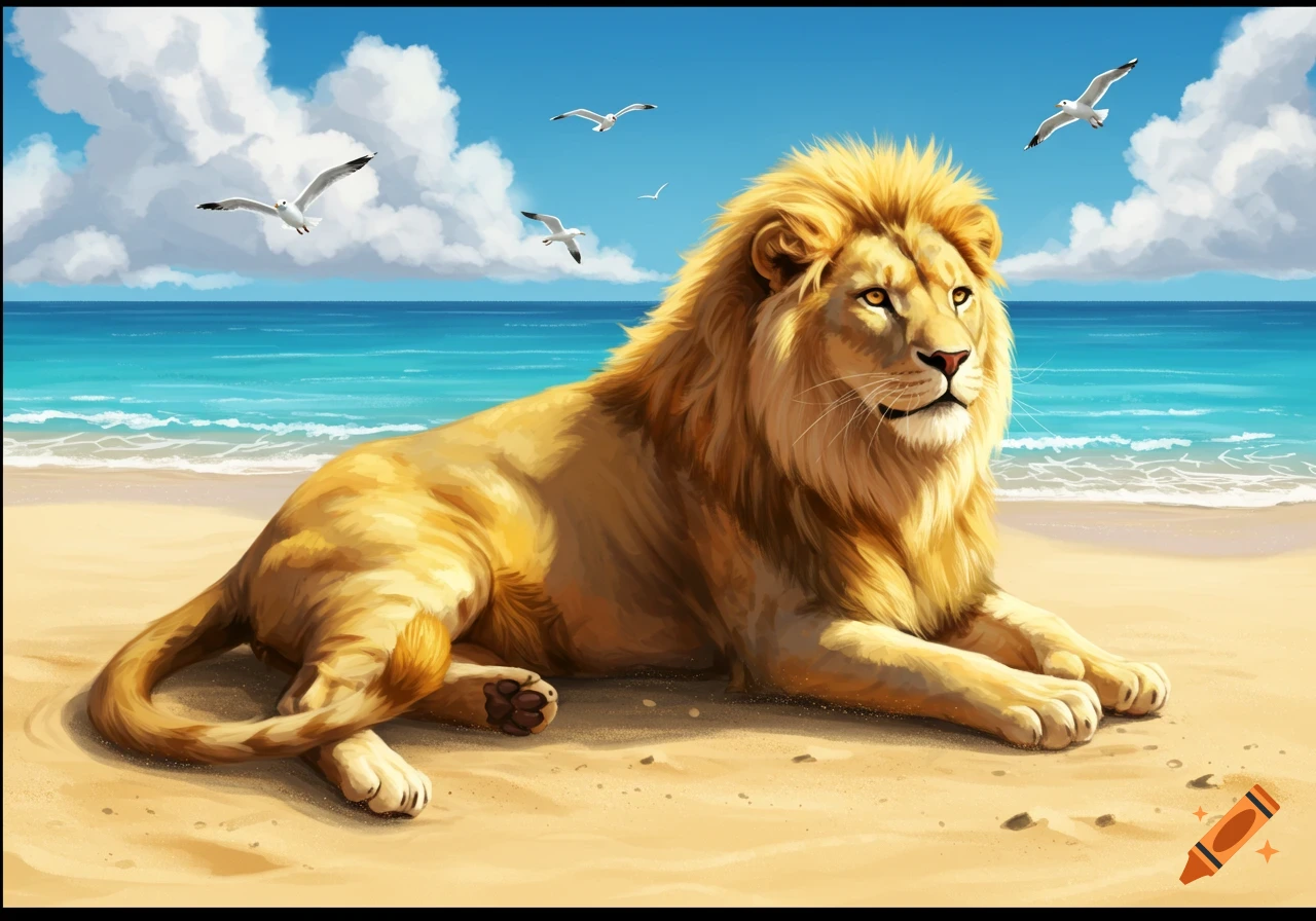 A majestic lion lies on a sandy beach next to the ocean under a blue sky with seagulls flying. Stylized illustration.