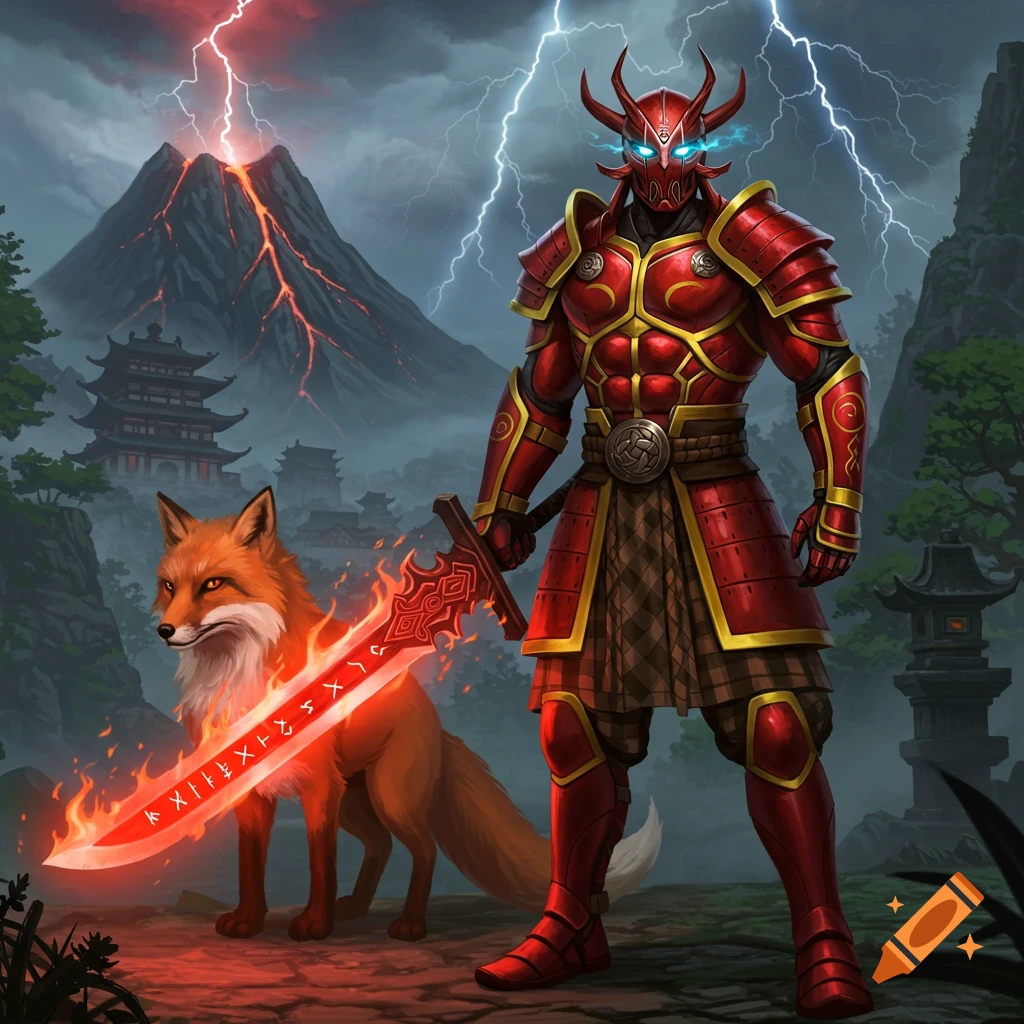 A red armored knight with glowing blue eyes stands with a fire fox, wielding a flaming runic greatsword, in front of a volcanic mountain with lightning and Asian buildings. Fantasy art style.