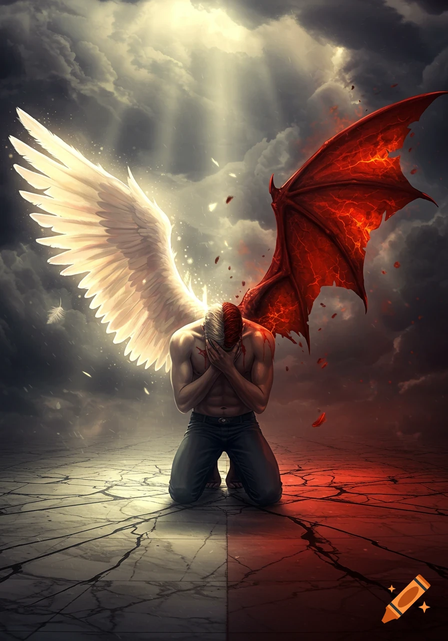 A kneeling man with one white angel wing and one red demon wing, head in hands, on cracked ground under a dramatic sky.