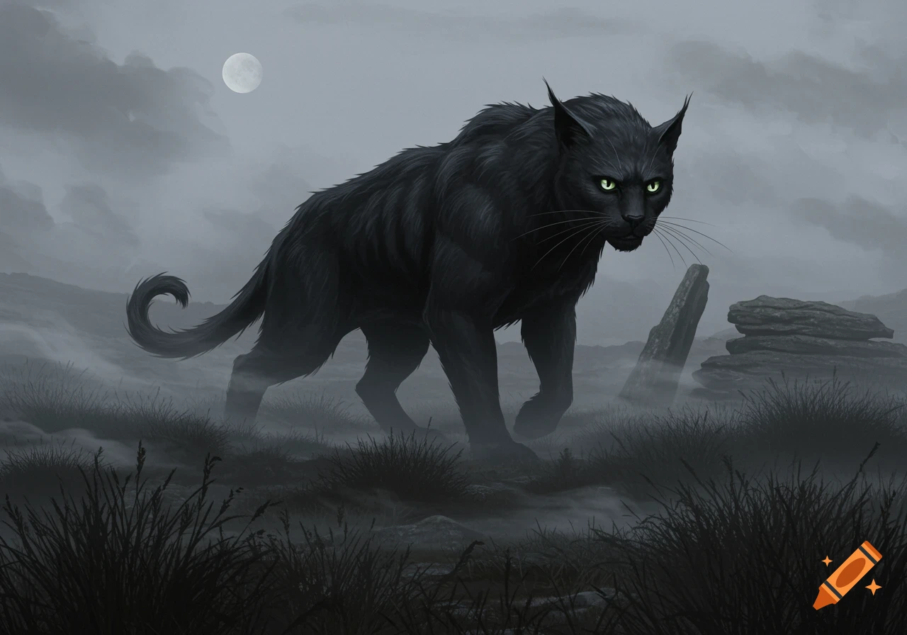 A large, dark, feline beast with glowing green eyes stalks through a misty, moonlit moor with ancient standing stones.