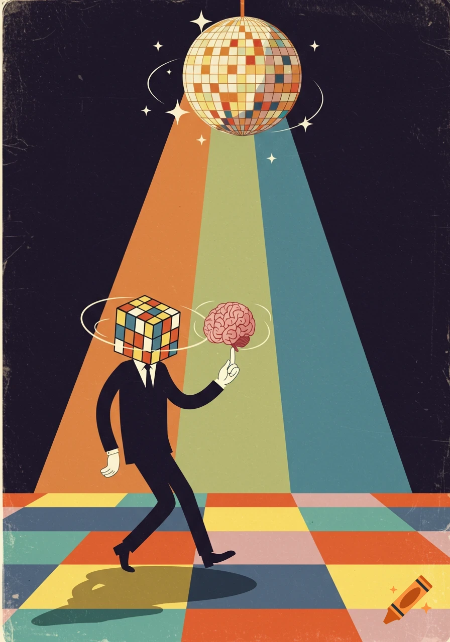 A retro cartoon illustration of a figure with a Rubik's cube head dancing on a colorful checkered disco floor, balancing a brain on its fingertip, under a disco ball.