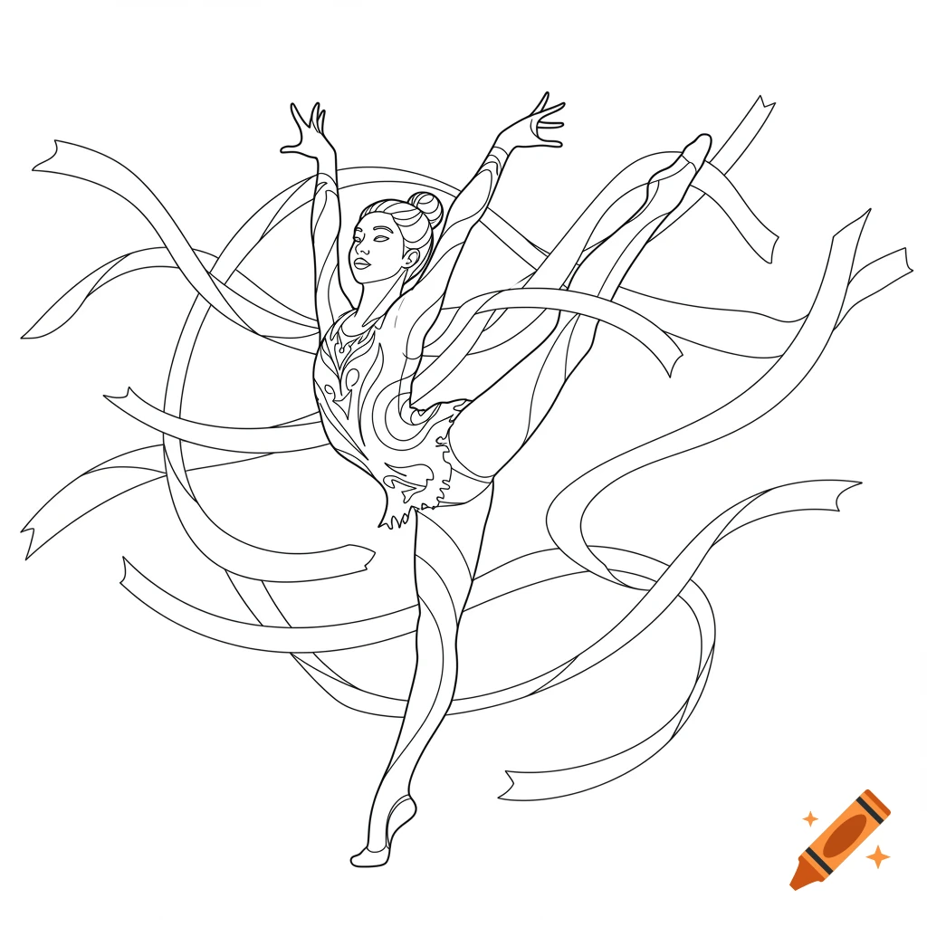 Line art of a female rhythmic gymnast performing a high leg split with ribbons swirling around her.