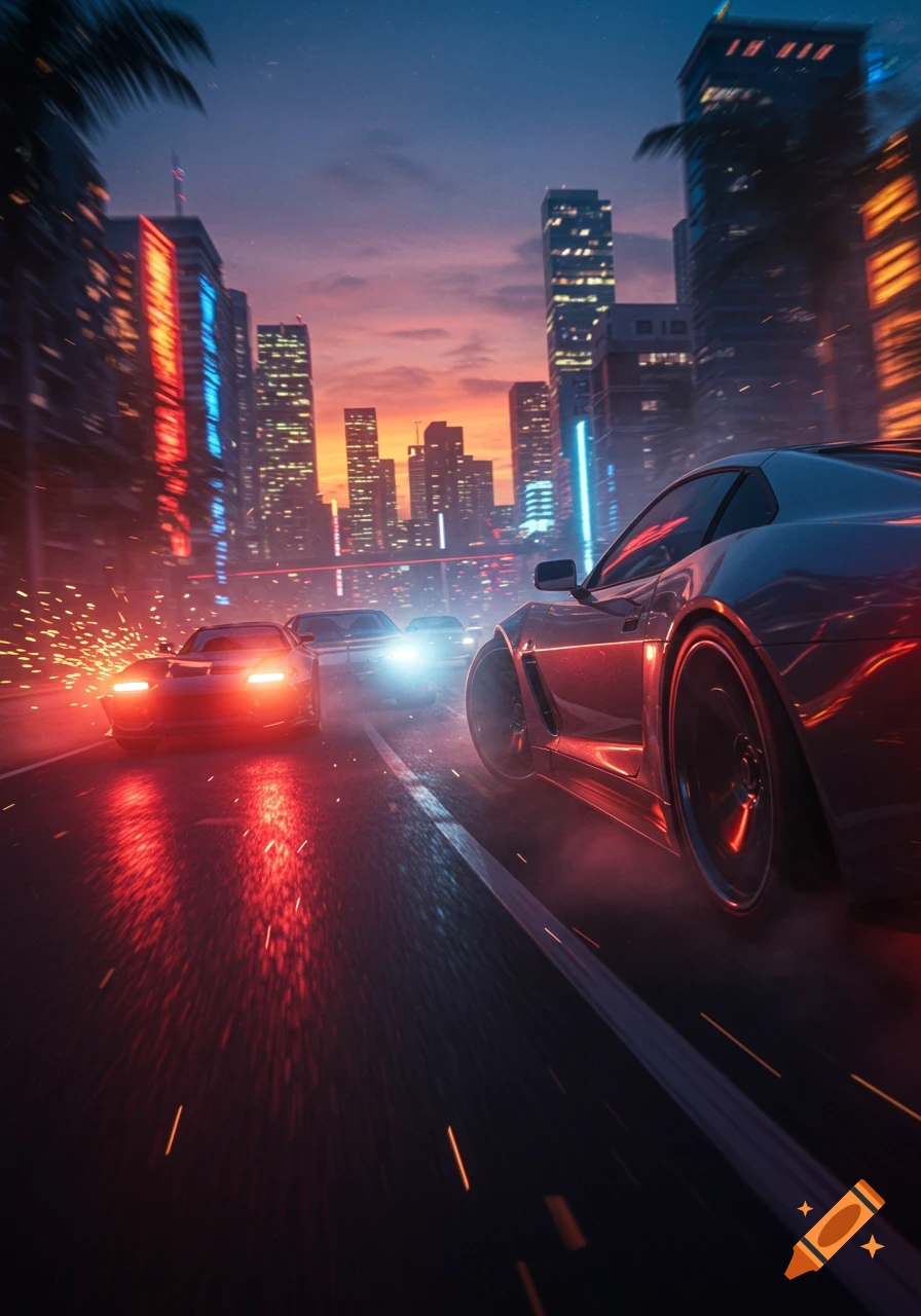 Photorealistic image of cars racing down a city street at night, illuminated by neon lights and motion blur.