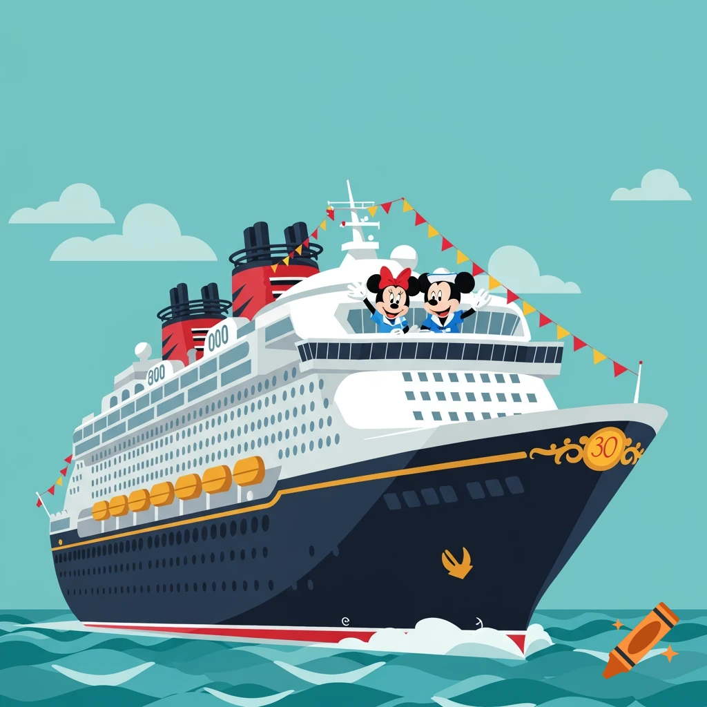 Cartoon illustration of a Disney cruise ship with Mickey and Minnie Mouse waving from the deck. The ship has a '30' emblem on its bow and celebratory flags.