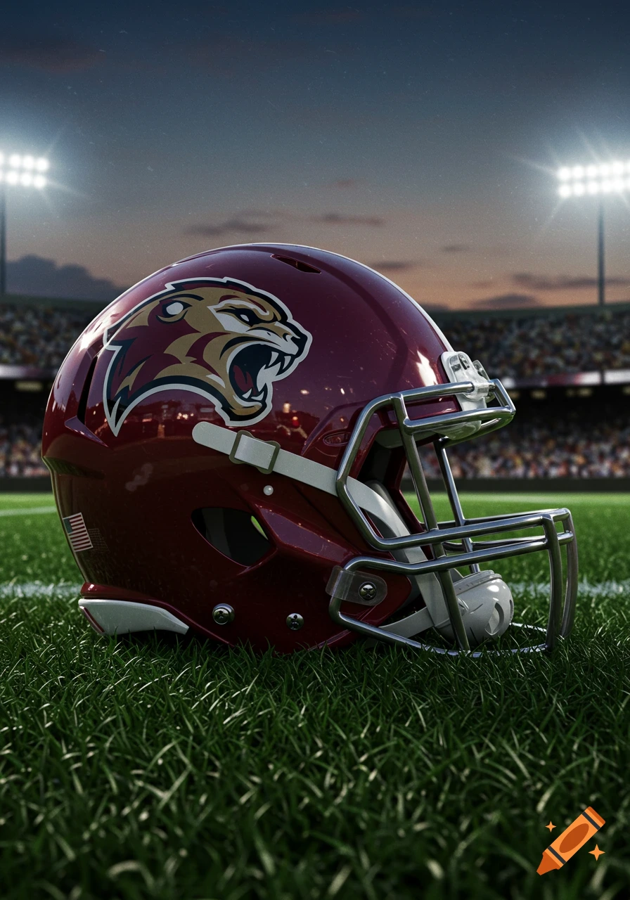 A maroon football helmet with a lion logo sits on a grassy field in a stadium under bright lights at dusk.